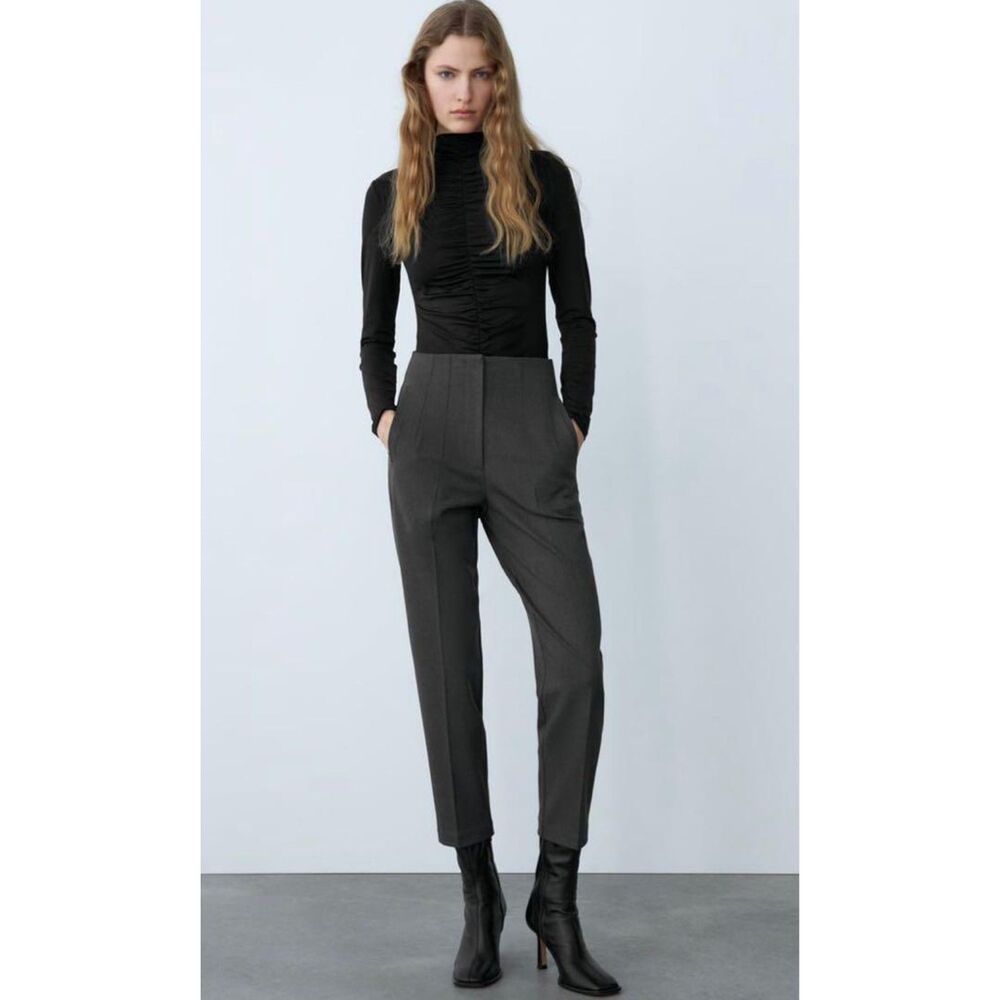 NWT ZARA High-Waisted Tapered Ankle Length Trousers, Dark Gray, Size L,